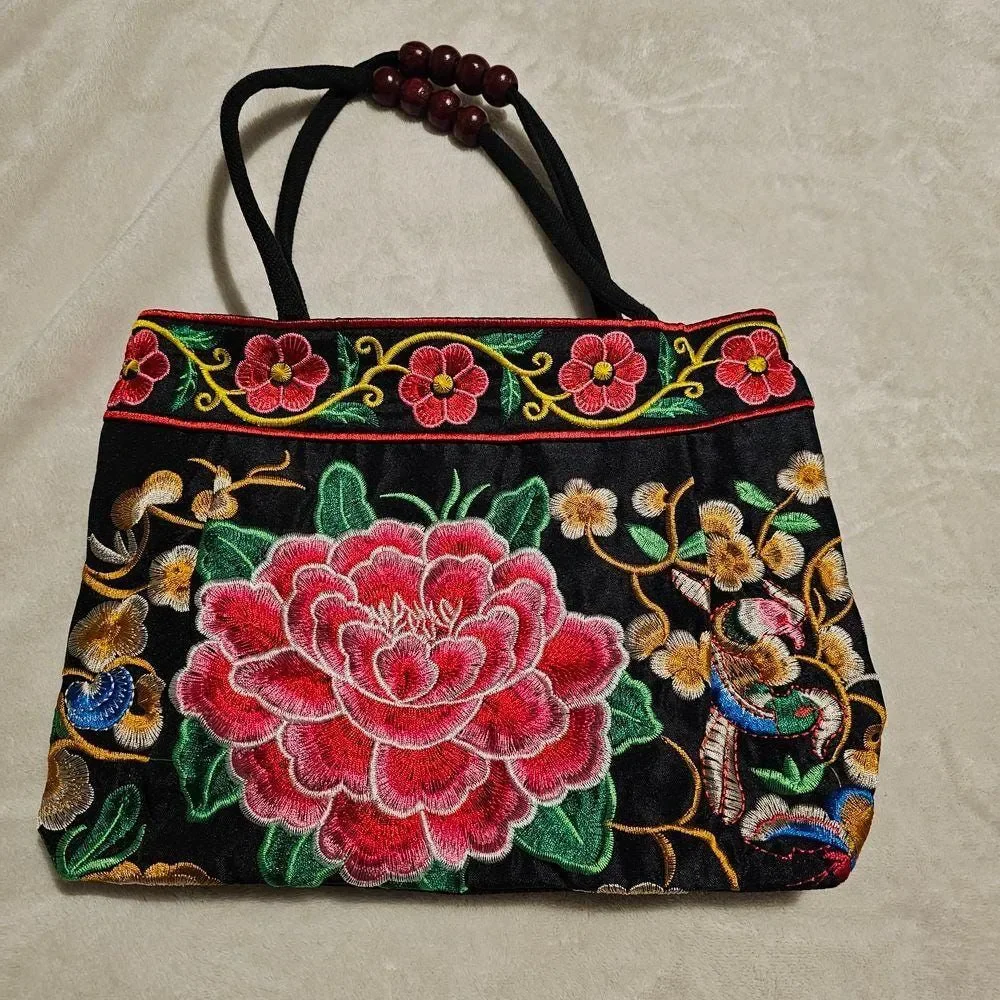 Vintage Embroidered Floral Handbag - Black Satin Tote with Wood Bead Handles